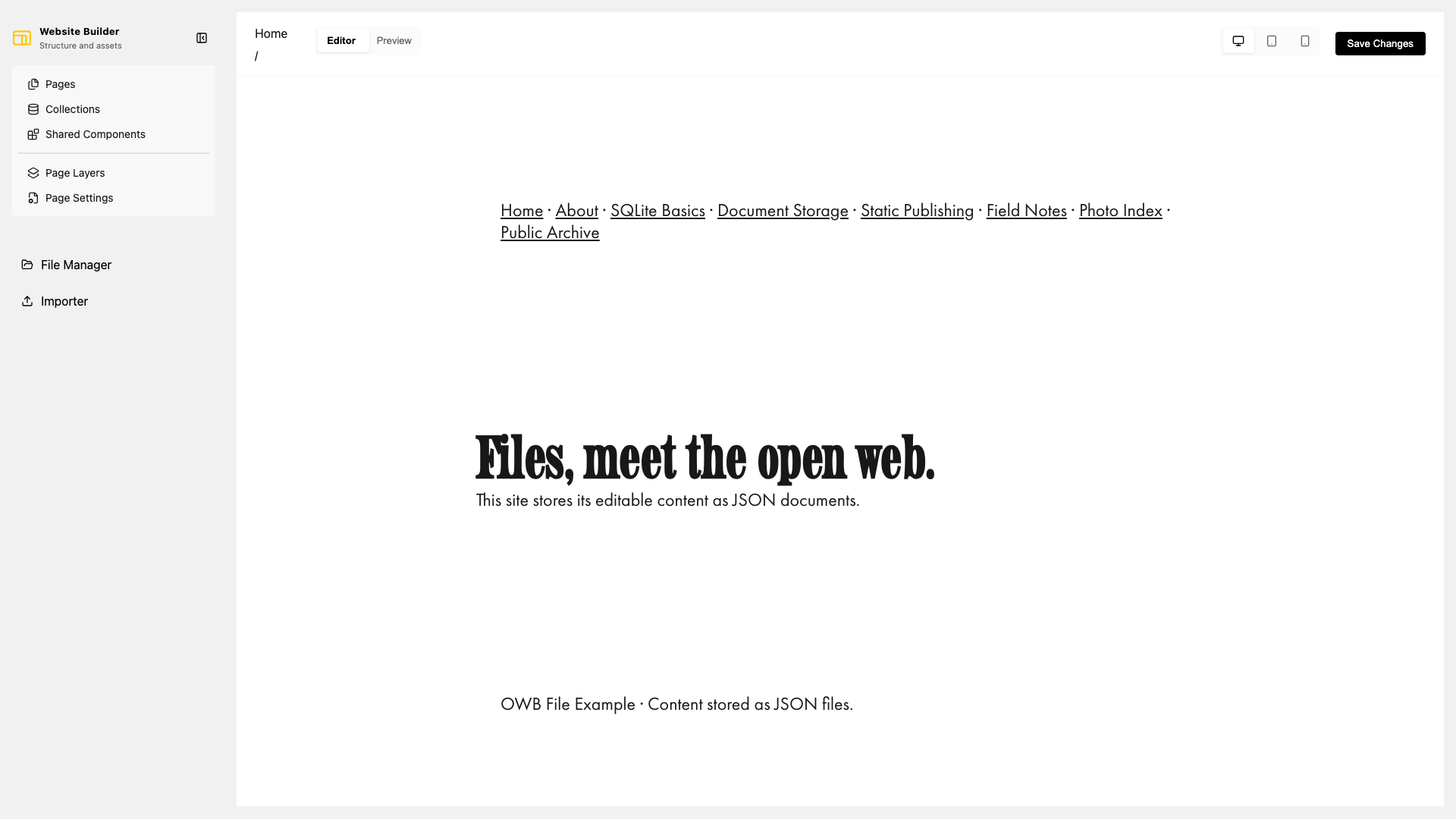 The Open Website Builder editor showing the filesystem example home page.