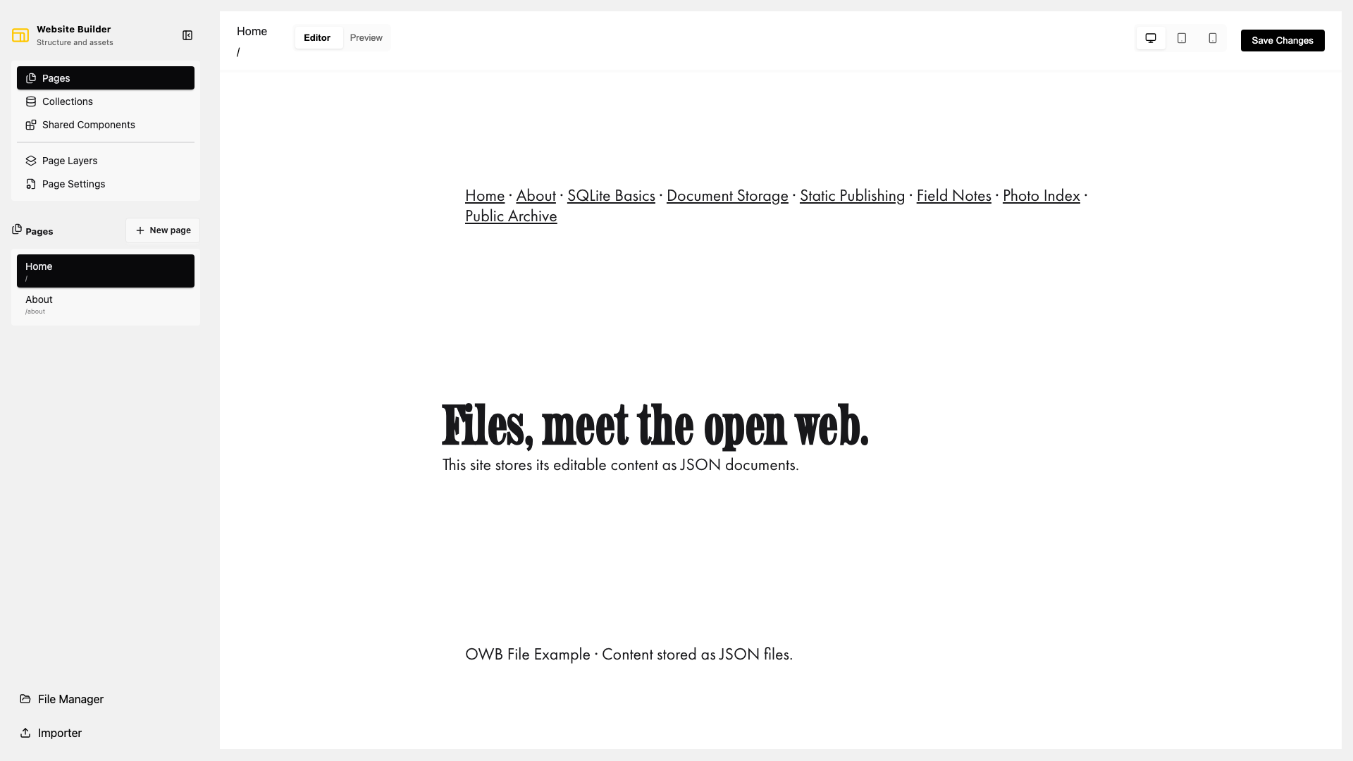 The Pages panel listing Home and About in the filesystem example.