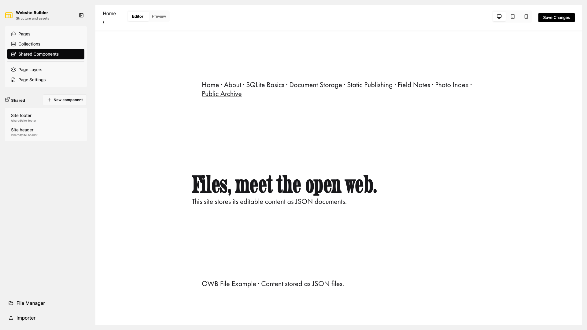 The Shared Components panel showing the example header and footer.